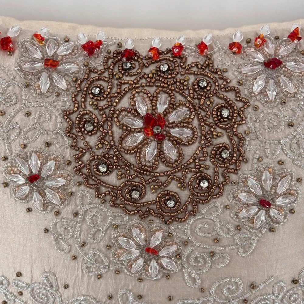 Anthropologie Beaded Silk Accent Pillow Champagne Red Embellished‎ Boho-Luxe